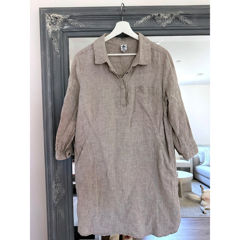 Crown Linen Designs Oatmeal European Linen Tunic Dress Pockets 3/4 Sleeve L